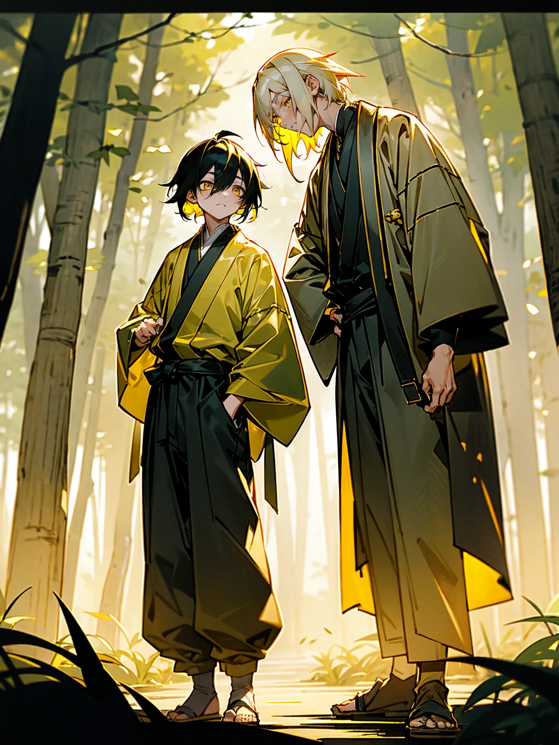 1male, black and yellow hair, two toned hair, young, yukata, lightning haori, sleepy expression gold eyes, forest, standing on path, perfect lighting, black baggy pants