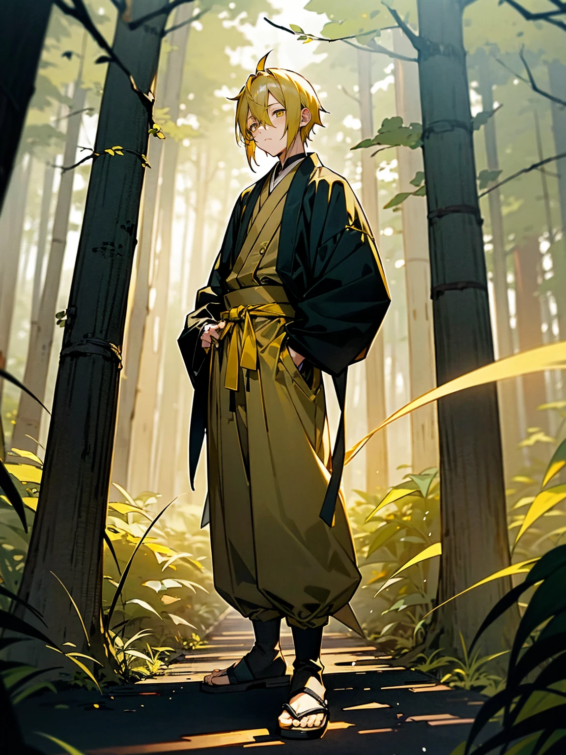 1male, black and yellow hair, two toned hair, young, yukata, lightning haori, sleepy expression gold eyes, forest, standing on path, perfect lighting, black baggy pants