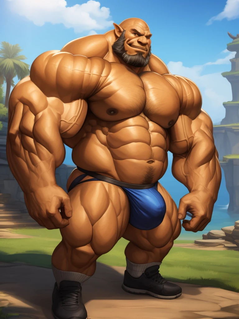 solo, 1boy, perfect anatomy, (orc:1.2, tusk:1), ground view, wrinkles skin, low shoot, down view, perfect proportional, thick body, thick thighs, big eyes, smile, perfect fingers, big hand, fingers. Huge Muscular Old man with short hair, shoes ,(jockstrap, bulge), view from side, pectoral, thick arms, huge pectoral, wide pectoral, white hair, white beards,  masterpiece, semirealistic:1.2, high detailed, 8k, high resolution, perfect center, full view. ((really big muscle, massive muscular, sixpack, thick arms, wide pectoral, super huge muscle, hyper muscular, over sized muscle, huge arms, big arms, huge pectoral))