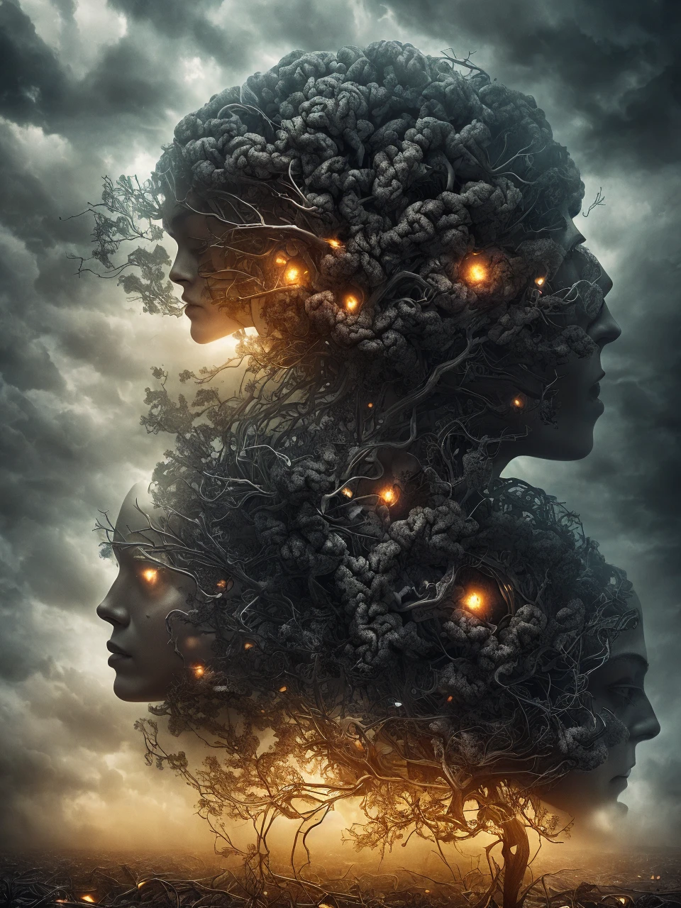 a dark cloudy sky raining down brains,human brain,organic matter,surreal,cinematic,dramatic lighting,moody atmosphere,movie poster,digital art,photorealistic,highly detailed,vibrant colors,dramatic shadows,chiaroscuro,intricate anatomy,complex composition,dystopian,conceptual,award-winning