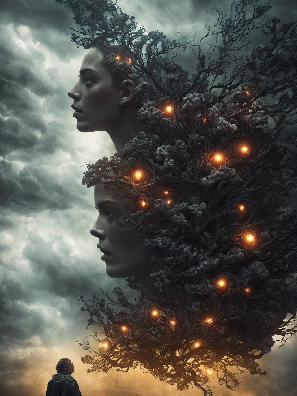 a dark cloudy sky raining down brains,human brain,organic matter,surreal,cinematic,dramatic lighting,moody atmosphere,movie poster,digital art,photorealistic,highly detailed,vibrant colors,dramatic shadows,chiaroscuro,intricate anatomy,complex composition,dystopian,conceptual,award-winning