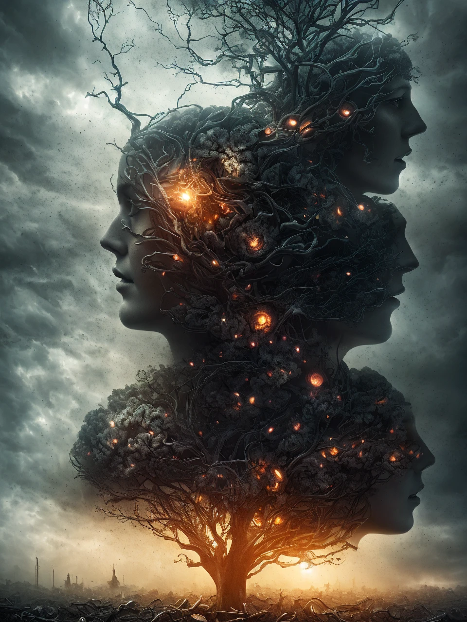 a dark cloudy sky raining down brains,human brain,organic matter,surreal,cinematic,dramatic lighting,moody atmosphere,movie poster,digital art,photorealistic,highly detailed,vibrant colors,dramatic shadows,chiaroscuro,intricate anatomy,complex composition,dystopian,conceptual,award-winning