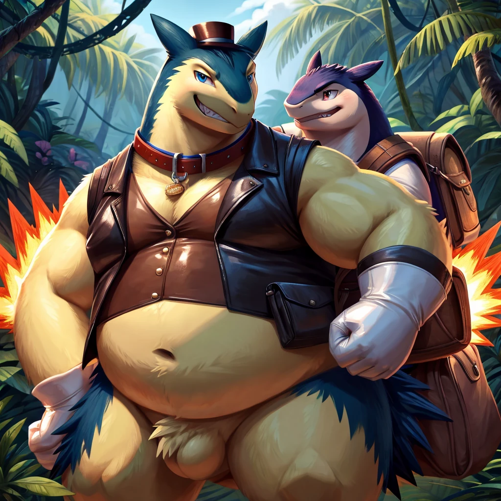 Male, fat, extremely obese, gentleman, Typhlosion, blue eyes, (posing:1.3), (soft shading), 4k, hi res, ((detailed face, detailed)), looking at viewer, evil grin, jungle, forest, shirt, top hat, male focus, Explorer Outfit, glasses, bag, vest, backpack, sleeves rolled up, round eyewear, brown headwear, brown vest, Typhlosion is wearing a glossy leather dog collar around the neck, Typhlosion is wearing the leather collar and shirt and vest at the same time, Typhlosion is wearing glossy white rubber gloves on the hands, wearing white rubber gloves on the feet, gloves are rubber in texture, clenching teeth, clenching fists, leather collar is glossy and shiny with a lot of detail.