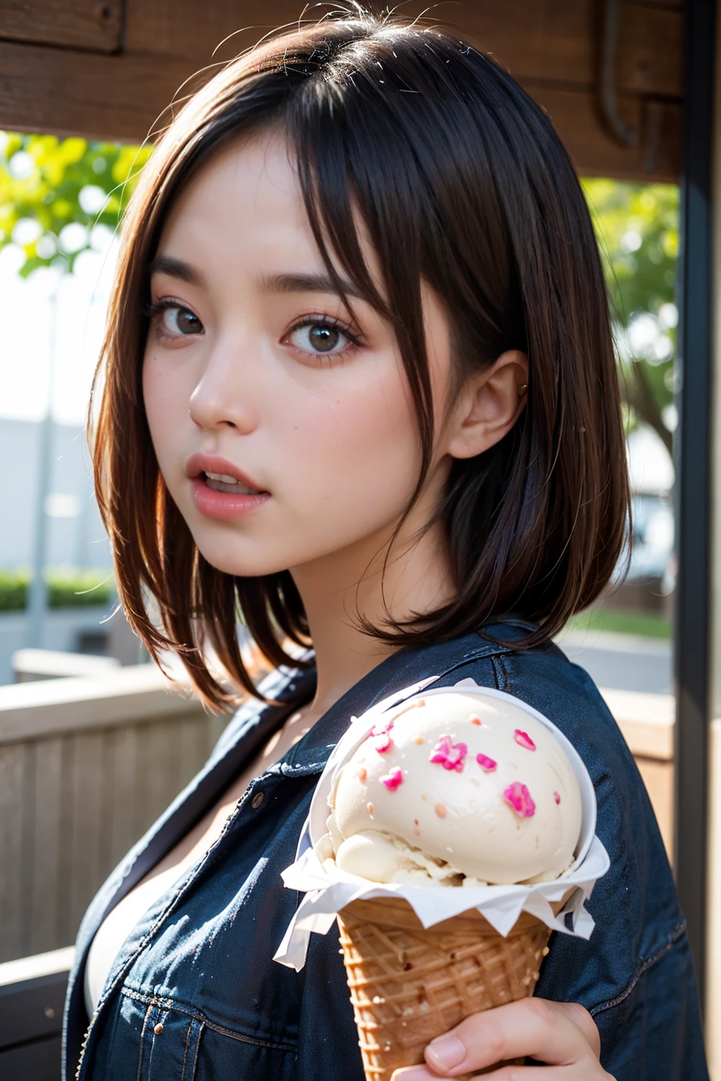 Japanese kawaii woman, ((licking ice cream)), ice cream cone, (holding ice cream cone: 1.4), mouth open, (tongue out: 1.3), short hair, natural makeup, melting ice cream, looking at me, brown hair, soft lips, teeth, Highly detailed CG integrated 8k wallpaper, high resolution, realistic photography, cinematic light, (best quality: 1.4), high quality, (((bokeh))), depth of field.