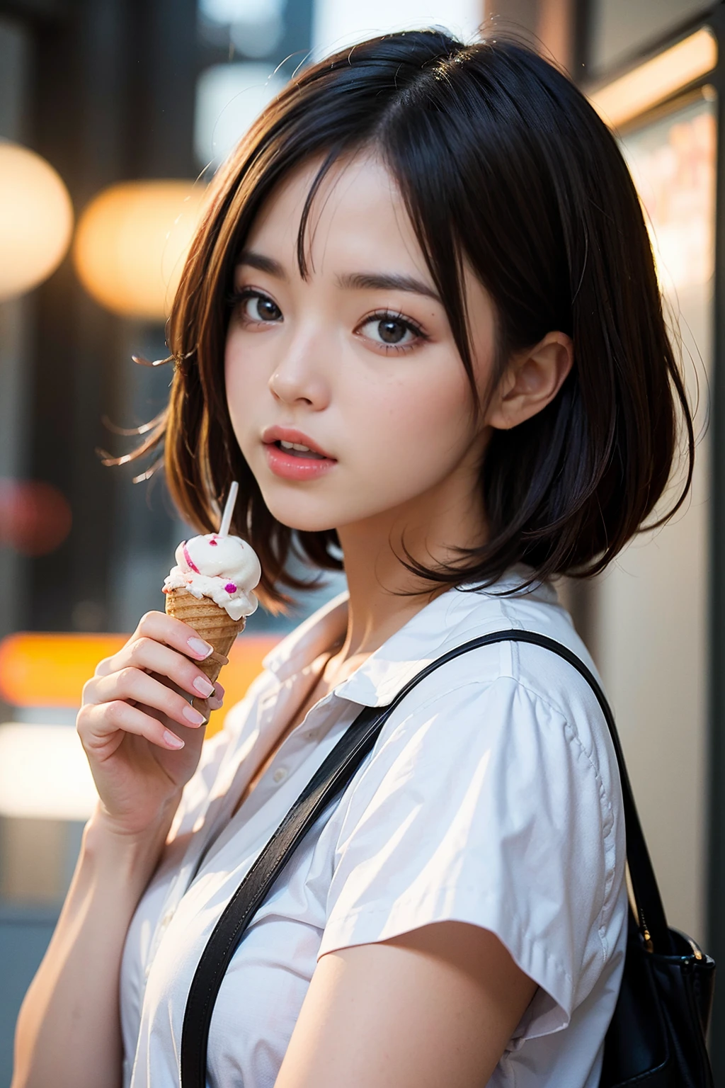 Japanese kawaii woman, ((licking ice cream)), ice cream cone, (holding ice cream cone: 1.4), mouth open, (tongue out: 1.3), short hair, natural makeup, melting ice cream, looking at me, brown hair, soft lips, teeth, Highly detailed CG integrated 8k wallpaper, high resolution, realistic photography, cinematic light, (best quality: 1.4), high quality, (((bokeh))), depth of field.
