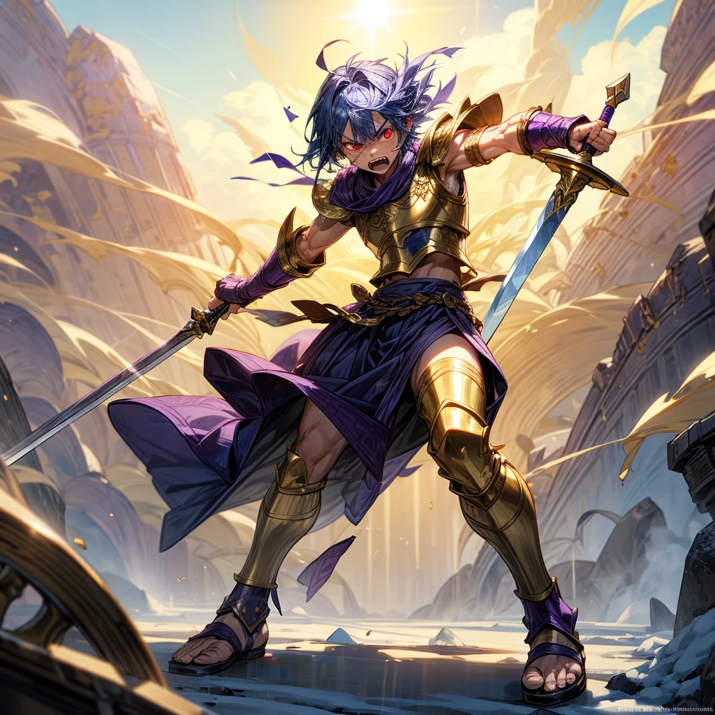 1boys orc, Full body version, red eyes, purple colour skins, angry eyes, cut hair, blue colour hair, angry expression, ancient greek clothing, gladiator sandals, Rapier gold sword in hand, small shield gold, gold armor vest, Grassroots background in snow, sunlight, sun, Sun silhouette, sun glare, smoke, background clutter, damage, war gesture 