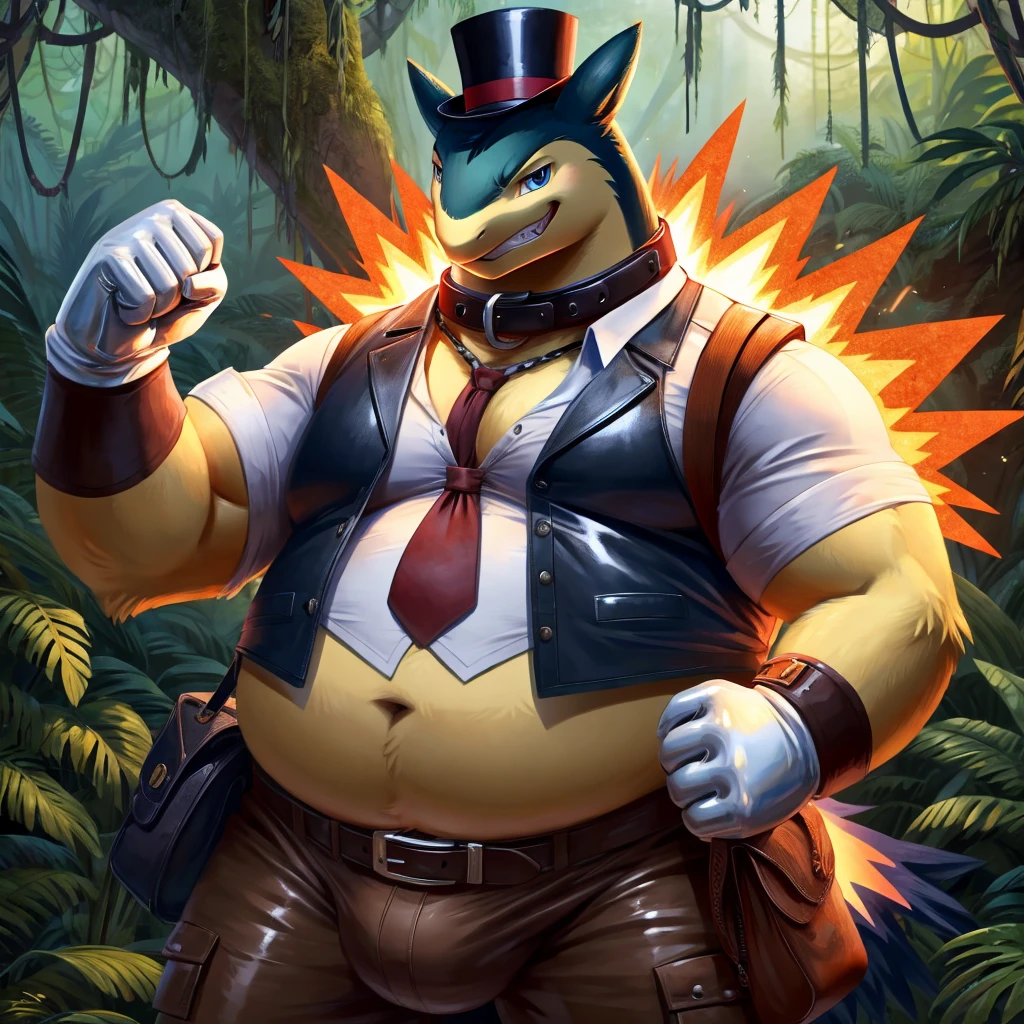Male, fat, extremely obese, gentleman, Typhlosion, blue eyes, (posing:1.3), (soft shading), 4k, hi res, ((detailed face, detailed)), looking at viewer, evil grin, jungle, forest, shirt, top hat, male focus, Explorer Outfit, glasses, bag, vest, backpack, sleeves rolled up, round eyewear, brown headwear, brown vest, Typhlosion is wearing a glossy leather dog collar around the neck, Typhlosion is wearing the leather collar and shirt and vest at the same time, Typhlosion is wearing glossy white rubber gloves on the hands, wearing white rubber gloves on the feet, gloves are rubber in texture, clenching teeth, clenching fists, leather collar is glossy and shiny with a lot of detail.