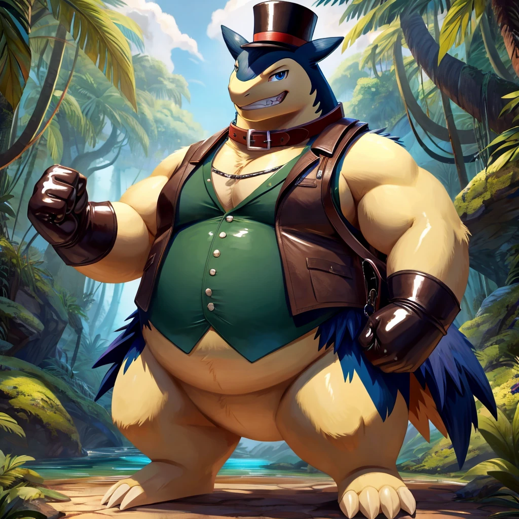 Male, fat, extremely obese, gentleman, Typhlosion, blue eyes, (posing:1.3), (soft shading), 4k, hi res, ((detailed face, detailed)), looking at viewer, evil grin, jungle, forest, shirt, top hat, male focus, Explorer Outfit, glasses, bag, vest, backpack, sleeves rolled up, round eyewear, brown headwear, brown vest, Typhlosion is wearing a glossy leather dog collar around the neck, Typhlosion is wearing the leather collar and shirt and vest at the same time, Typhlosion is wearing glossy white rubber gloves on the hands, wearing white rubber gloves on the feet, gloves are rubber in texture, clenching teeth, clenching fists, leather collar is glossy and shiny with a lot of detail.