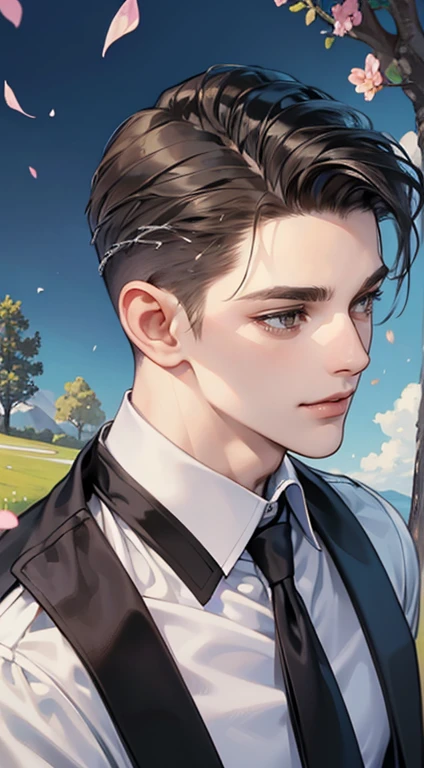 ((masterpiece)),(((best quality))), (detailed light) (detailed shadow), (high quality, breathtaking),(expressive eyes, perfect face), 1man, solo, male, tall, (mature), board shoulder, muscular, (((undercut hairstyle))), short brown hair, ((blue eyes))), happy smiling face, black suit, white tie, oak tree background, flower petal flying, windy, look at viewer,
