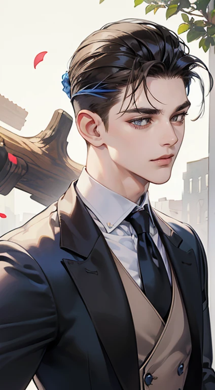 ((masterpiece)),(((best quality))), (detailed light) (detailed shadow), (high quality, breathtaking),(expressive eyes, perfect face), 1man, solo, male, tall, (mature), board shoulder, muscular, (((undercut hairstyle))), short brown hair, ((blue eyes))), happy smiling face, black suit, white tie, oak tree background, flower petal flying, windy, look at viewer,