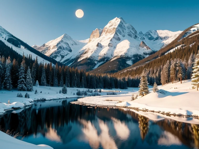 ((best qualityer)), ((work of art)), (detailded), 1 create a landscape of beautiful snowy mountains with a big moon (huge ass) with a pond (shiny)