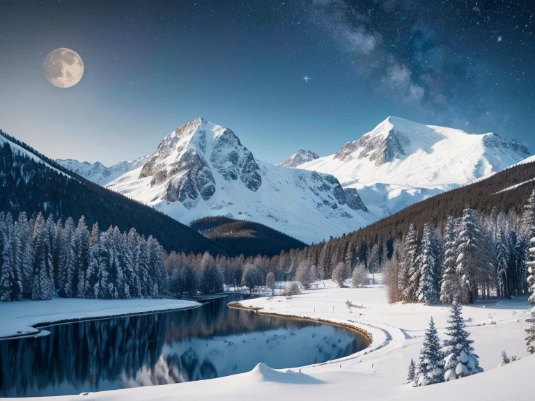 ((best qualityer)), ((work of art)), (detailded), 1 create a landscape of beautiful snowy mountains with a big moon (huge ass) with a pond (shiny)