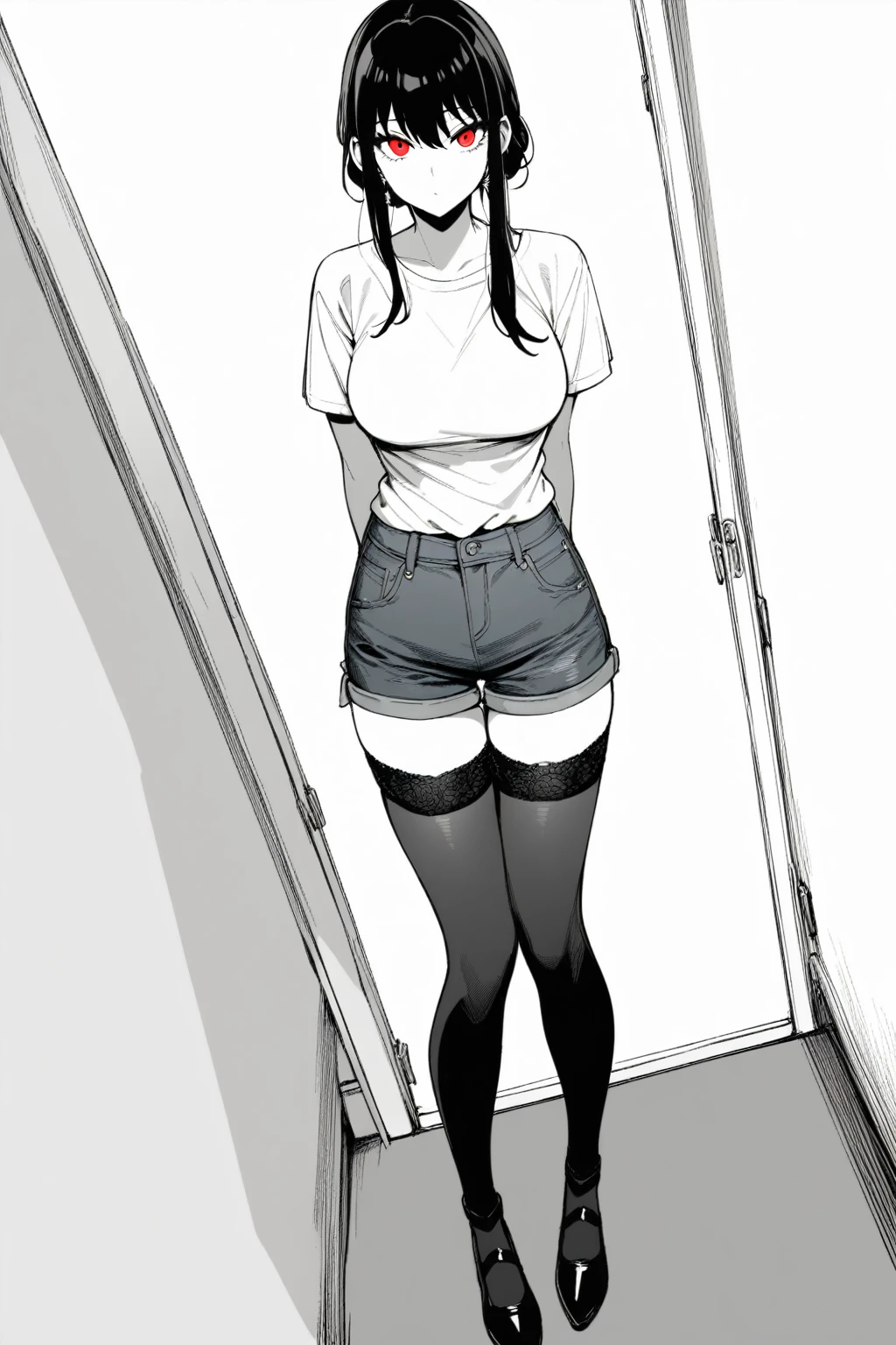 1 Girl, yorbriar,Yor briar,,Solitary, Viewers, Pure white background, Red Eye,Standing,whole body,full,have no color,angle, masterpiece, best quality,Black garter stockings,Denim shorts,Absolute Domain