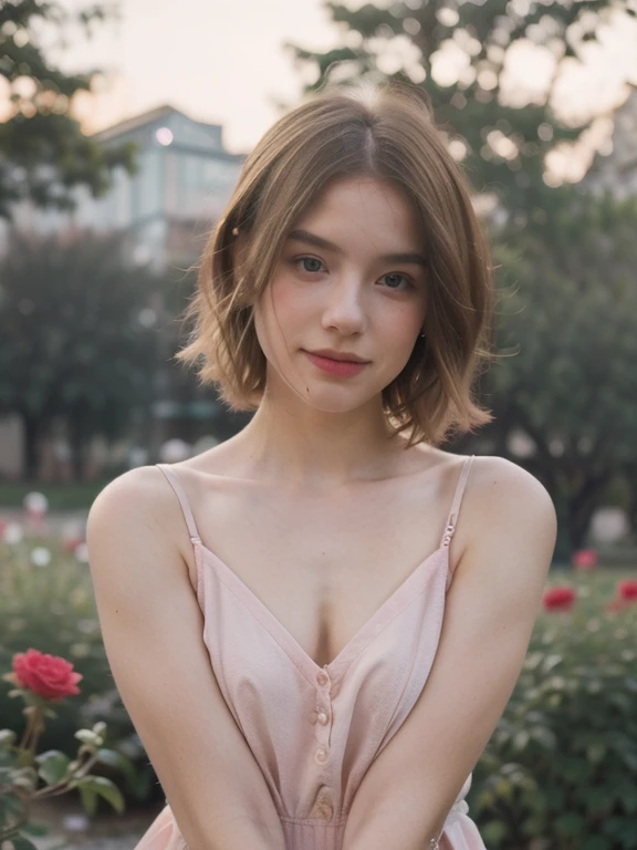 ((best quality)), ((masterpiece)), (detailed), 8k, RAW photo, Fujifilm, style photo of a beautiful young woman as avril in a garden of light pink roses (highly detailed skin: 1.2) Style-Petal BREAK short hair, blonde hair with colored locks, wearing a dress, film granulation, 35mm, cute style