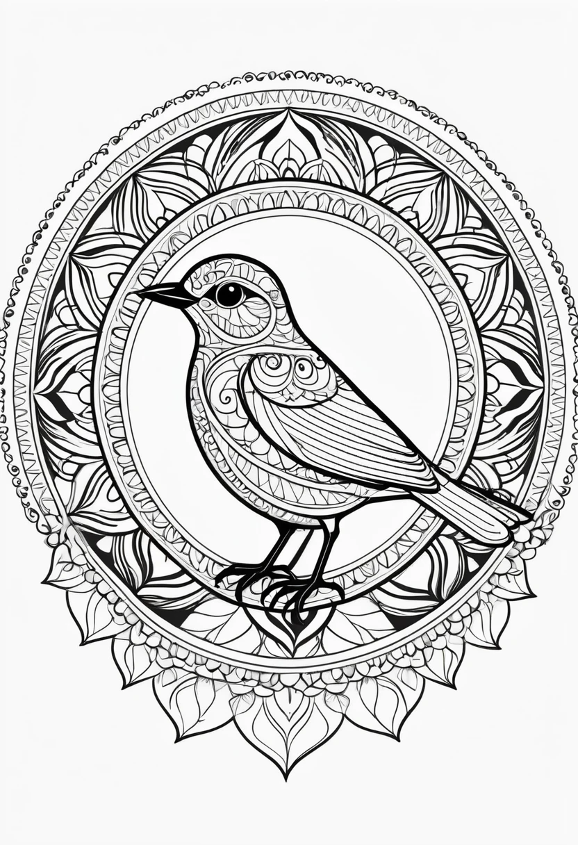 happy white and black bird, Simplified Mandala style, outline, vector, white background