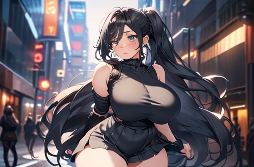 beautiful, alone, 1 chubby woman, Long hair tied in a ponytail, black fur, blue highlights on the ends of her hair, silver eyes (detailed eyes), determined look, embarrassed expression, Red lips (perfect lips), Wide hips, thick potato leg, black leather jumpsuit, pleated skirt, long fur cape, futuristic, cyberpunk, cinematic angle, cinematic lighting, artwork, Best Quality, NSFW, Crotch rubbing