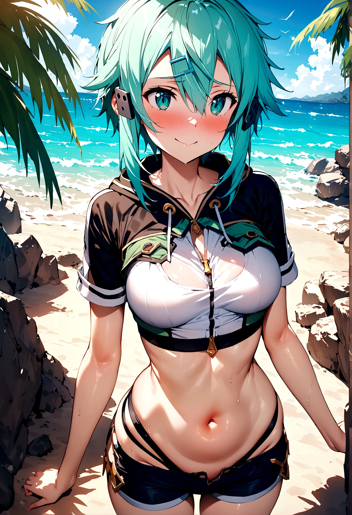 NSFW,masterpiece,Highest quality,High resolution,Super detailed,Sinon\(Sword Art Online\),High quality sexy bikini,Cropped jacket,Short sleeve,Shorts, hair ornaments, Hair Clip,Embarrassed,expectant face,smile,blush,Fantasy,beach,Palm tree,Rock Shade