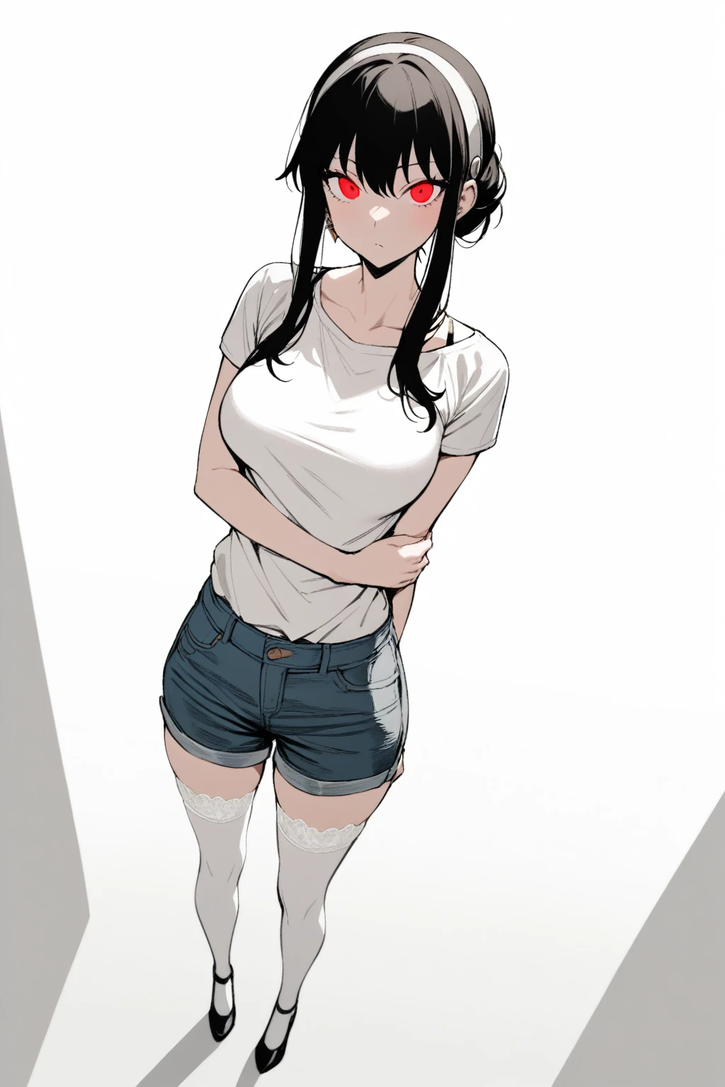 1 Girl, yorbriar，Yor briar，，Solitary, Viewers, Pure white background, Red Eye，Standing，whole body，full，have no color，angle, masterpiece, best quality，White garter stockings，Denim shorts，Absolute Domain