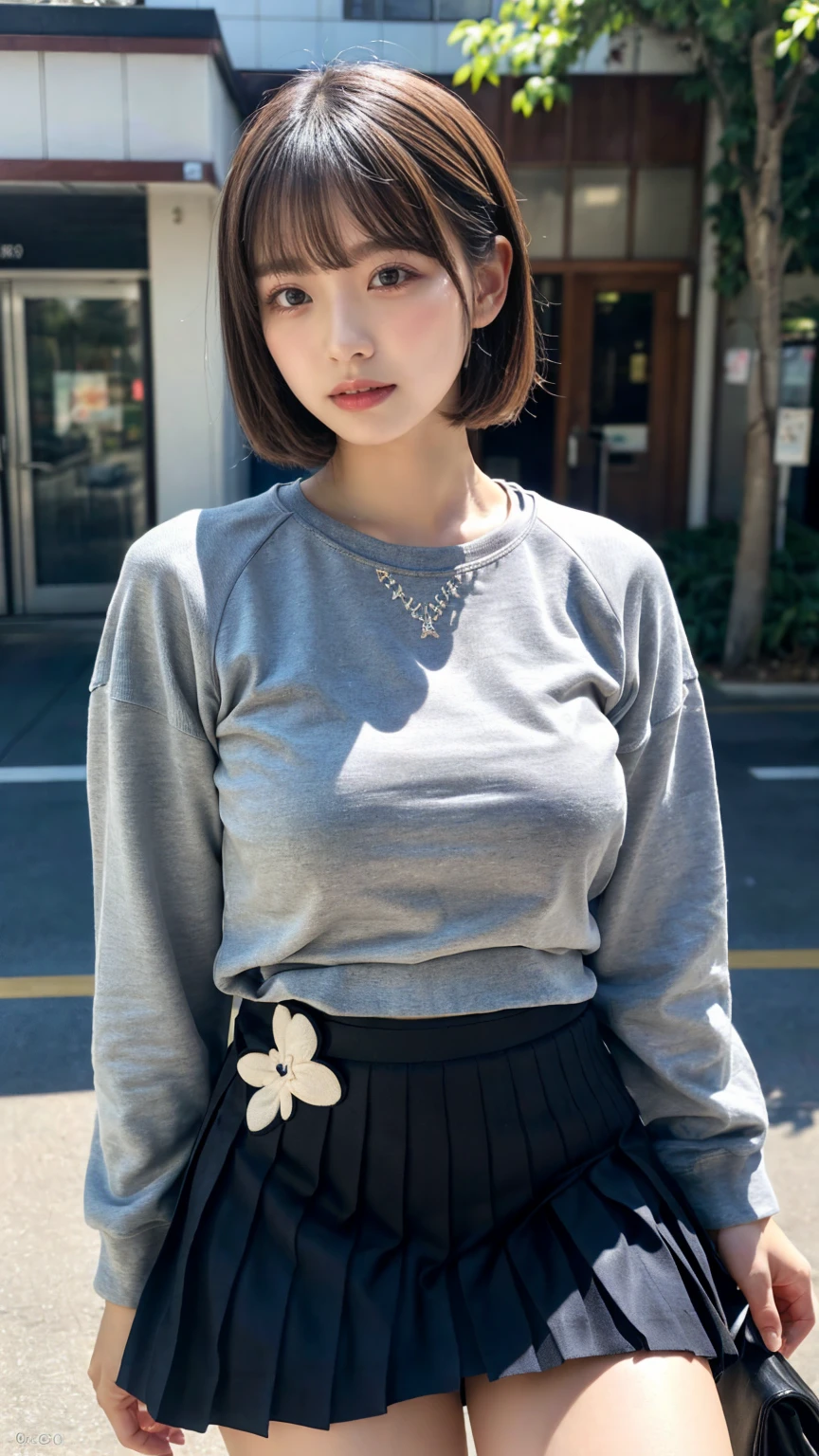 (8K, RAW Photos, Highest quality, masterpiece:1.3), (professional photography, full colors, studio-caliber color grading), (Gravure quality for high-end fashion magazines), close up, BREAK, 20 year old girl,(short bob hair:1.1), crying a little, Harajuku style, Big Natural Color Lip, (Plumpy body:1.2), (smooth skin:1.1), (huge breasts:1.1), (expresses the roundness and softness of the chest area..1.1 (Emphasize body line:1.1 BREAK (Highly detailed and elegant applique cotton jersey sweatshirt made of cotton jersey。, Pleated skirt, Features a relaxed and relaxed silhouette.)