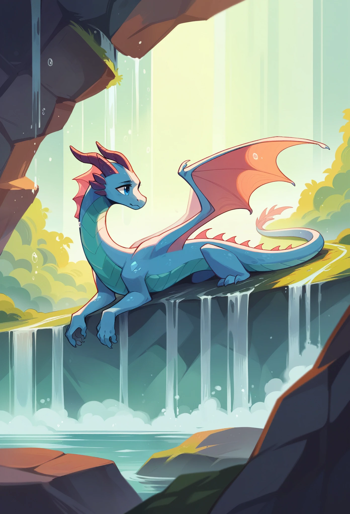 A small, magical water dragon perches on a stone ledge, its semi-transparent body shimmering like pure mountain streams. Each movement releases delicate droplets that evaporate into a light mist. The dragon's head features crystal-clear, ice-like horns, and its deep blue eyes reflect the ocean's mysteries. Its wings, resembling waterfalls, glisten in the light, appearing as thin films of water. With graceful, watery limbs and a tail that coils delicately, the dragon emanates an aura of tranquility, as if nature itself rests upon the stone.