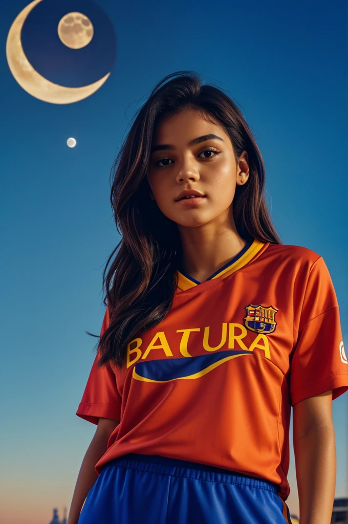Girl with a Barcelona shirt looking at the moon and on the shirt it has the number 10 and it says Karol