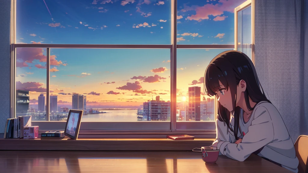 4k art wallpaper, アニメ art wallpaper 4k, アニメ art wallpaper 8 k, アニメ background art, lofi color, lofi art, アニメ asthetic,work of art, highest quallity, Rainbow style, アニメ, beautiful asian girl, Along the Hawaiian coast, cute and dreamy,アニメ,illustrator,lofi girl, blues,paisaje,SUNSET, natta、girl listening to music in a cozy room, Wear headphones, アニメ estilo 2D, Rain outside the window、Analog Color Theme、ghibli style,、Tokyo, natta, Write notes