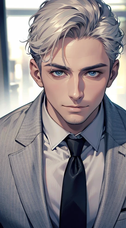 (best quality,4k,8k,highres,masterpiece:1.2),ultra-detailed,(realistic,photorealistic,photo-realistic:1.37),1 man,31 years old,mature man,very handsome,without expression,smile,short grey white hair,blue eyes,penetrating gaze,perfect face without errors,imposing posture,businessman,office background,cinematic lighting,hdr image