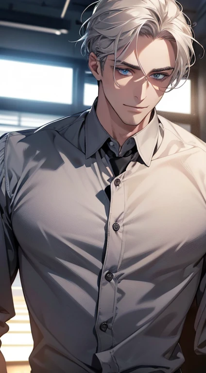 (best quality,4k,8k,highres,masterpiece:1.2),ultra-detailed,(realistic,photorealistic,photo-realistic:1.37),1 man,31 years old,mature man,very handsome,without expression,smile,short grey white hair,blue eyes,penetrating gaze,perfect face without errors,imposing posture,businessman,office background,cinematic lighting,hdr image