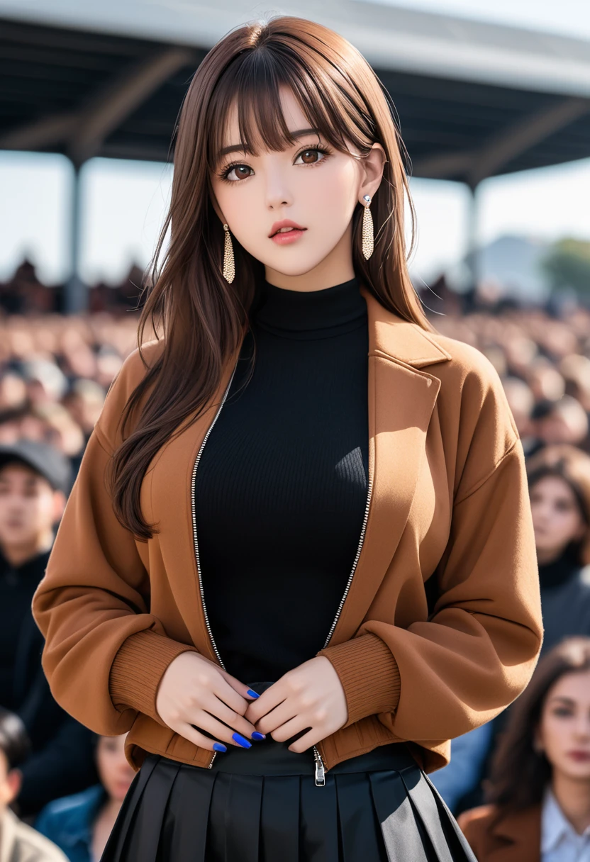 Characterful,, , 1 Girl, Ahog, Bangs, black skirt, black sweater, Blue nails, Vague, Vague background, breast, Brown eyes, Brown hair, brown jacket, Shut up, Outdated, sky, Depth of Field, earrings, eyelash, hands up, Head tilt, jacket, Jewelry, Long hair, Long sleeve, Looking at the audience, medium breast, Nail polish, Open clothes, open jacket, outdoor, Pursed lips, Tuck your shirt into your pants, Side lock, skirt, Sleeves over wrists, Solitary, sweater, Upper Body, zipper, , , ((masterpiece)), , 