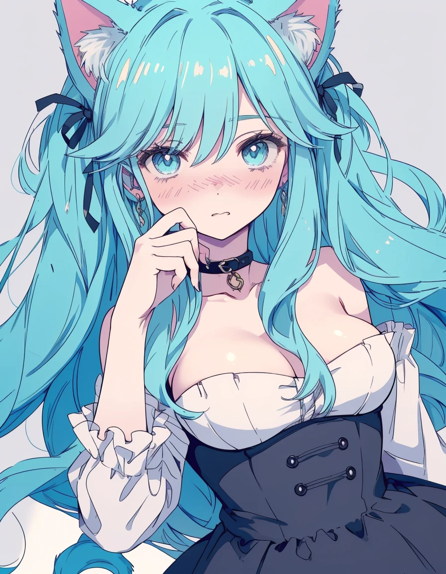breasts out, strapless, embarrassed, wince, ((masterpiece, best quality:1.5)), ((Beautiful detailed cat aqua eyes:1.2)), cat ears, pale skin, medium breasts, beautiful hands, beautiful fingers, EasyNegative