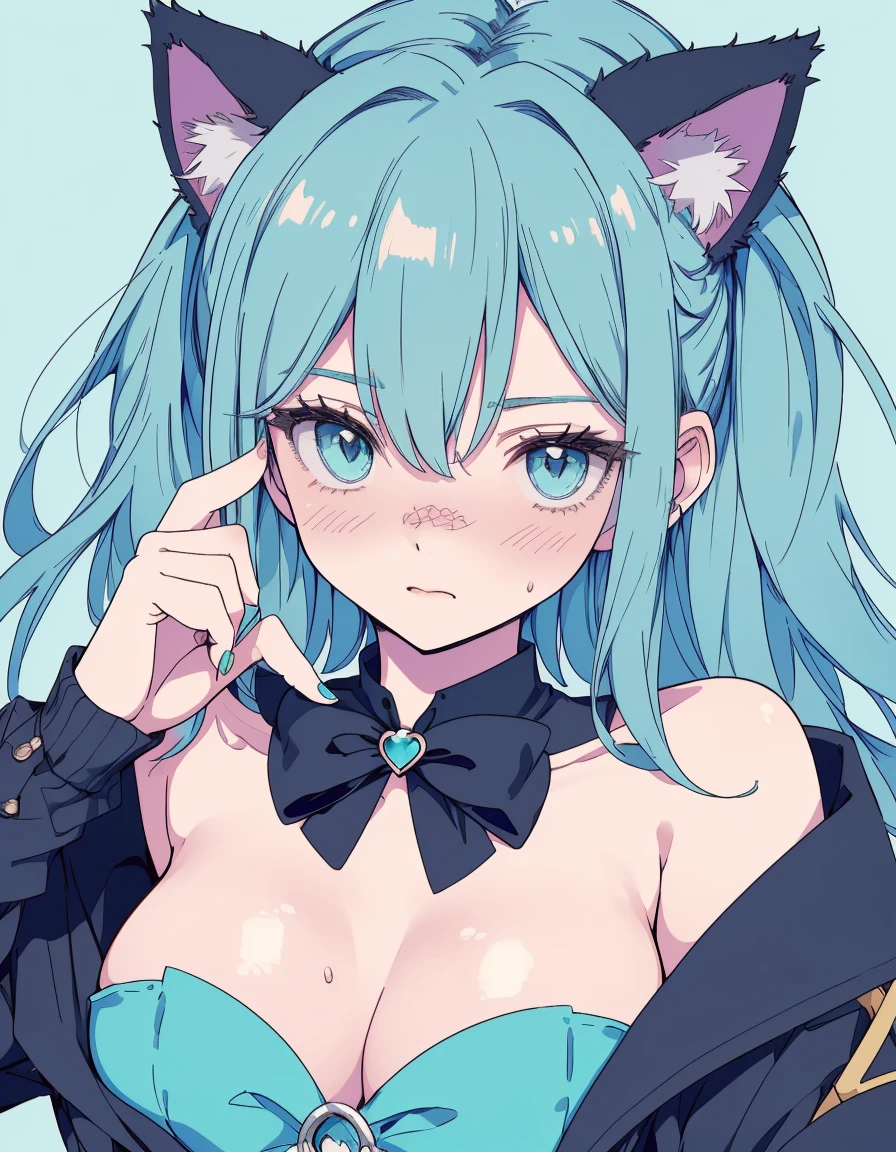 breasts out, strapless, embarrassed, wince, ((masterpiece, best quality:1.5)), ((Beautiful detailed cat aqua eyes:1.2)), cat ears, pale skin, medium breasts, beautiful hands, beautiful fingers, EasyNegative