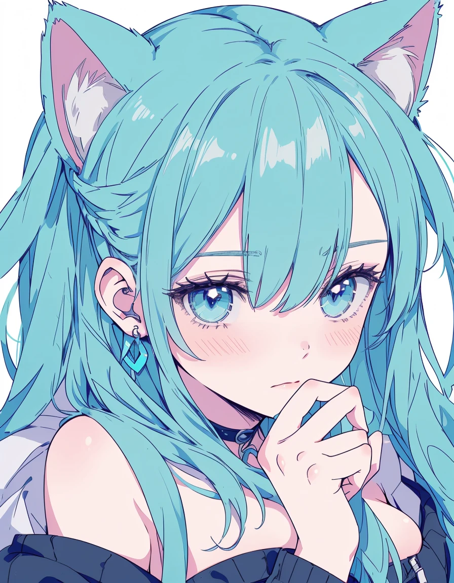 breasts out, strapless, embarrassed, wince, ((masterpiece, best quality:1.5)), ((Beautiful detailed cat aqua eyes:1.2)), cat ears, pale skin, medium breasts, beautiful hands, beautiful fingers, EasyNegative