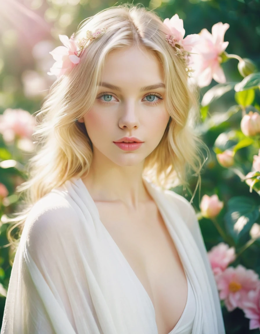 A beautiful young woman, beautiful eyes, blonde hair, thick pink lips. Natural makeup style
She poses beautifully, with only a thin white cloth covering her body. The atmosphere is a flower garden, soft sunlight, soft, soft tones, full body shot ,taken with a film camera.