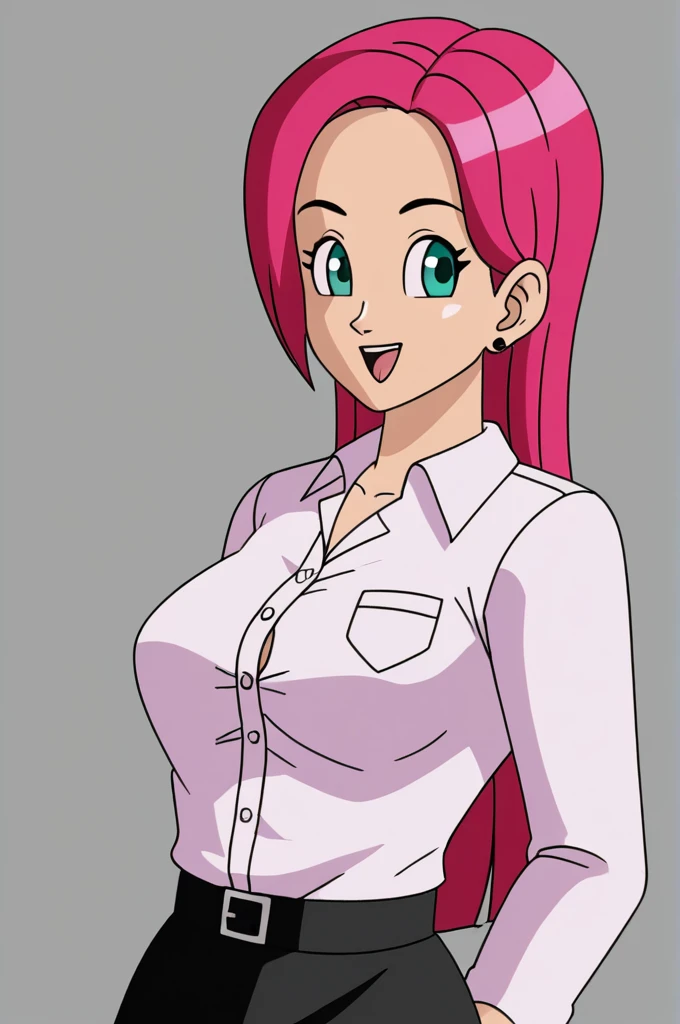 ((Masterpiece, Best Quality)), (1 girl), (Alone), (Feminine focus), (He drowned, , very long hair)light smile, Open mouth, ((White shirt), (Buttoned shirt), (space between buttons)), ((black skirt), (Short skirt)), standing, White background, arms on hips, dynamic angle,