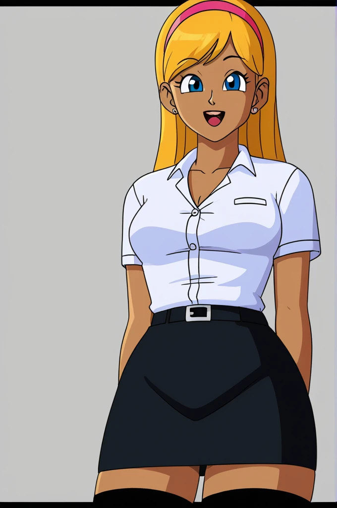 ((Masterpiece, Best Quality)), (1 girl), (Alone), (Feminine focus), (He drowned, , very long hair)light smile, Open mouth, ((White shirt), (Buttoned shirt), (space between buttons)), ((black skirt), (Short skirt)), standing, White background, arms on hips, dynamic angle,