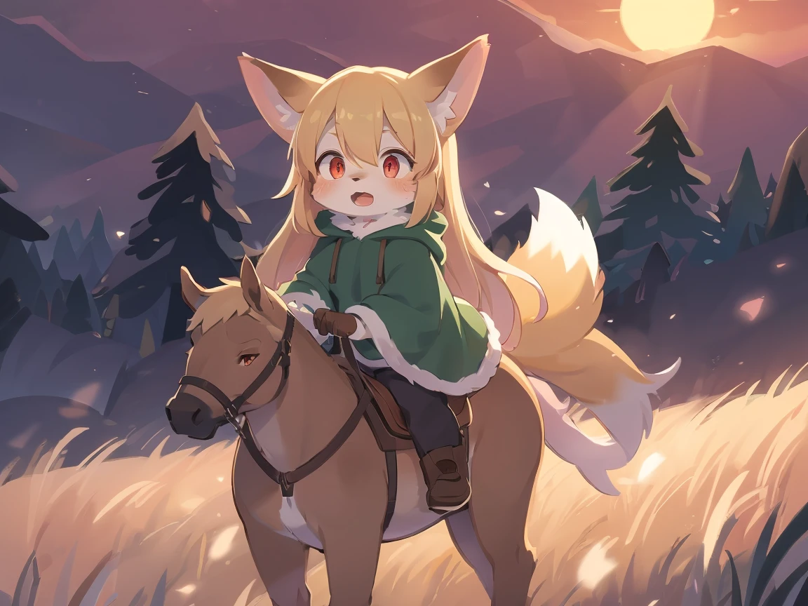  the fox, , was hairy, shaggy, skin fur, smooth lashes, golden fur, forelimb hands, straight long blonde hair, solid circle eyes, golden ears, golden fur, golden facial fur, shiny hair, red eyes, super cute face, 1fox tail, fluffy tail, furry tail, glowing eyes, green coat green hood down, brown trousers, riding unsaddled horse, open mouth, Peeing
, embarrassed, ambient light, ultra-fine fur, dashed eyes, full body, masterpiece, high quality, high-details, best quality, wide short, (((solo))), twilight, sun light, red sky, rim light