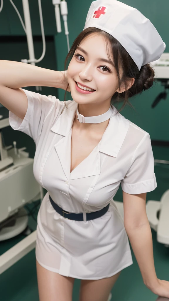 Top quality, Photo Real, High resolution, Detailed Background, (((Beautiful skin in every detail))), Detailed nose, (((Without makeup1.100))),(((Completely no makeup))),((Clear and beautiful skin with transparency1.100)),Soft lighting, (Solo Shot:1.9),(((Thick fabric round collar nurse uniform1.15))),(((She is wearing a white clothes which is completely buttoned1.20))),(tight clothing1.8),(((She is wearing a cute shape plain color nurse cap))),Neat clothes with little exposure,(((Very soft-looking thighs1.30))),((Super mini skirt)),(((Neck choker))),(((Sexy garter belt))),Little close-up shot, (((Shooting above the knee))),Nice hands, Perfect hands, Clear Eyes,Pale skin,1 beautiful woman, (Japanese girl1.55),(((Around 27 years old1.20))),(Permed hair1.8),(((Bun hair1.8))),(((Soft-looking chest1.10))),(((A very large and well-shaped chesthidden under clothes1.80))),(((Cute lips1.20))),(((Great style1.55))), (Open-mouthed and smiling very happily1.10),(She is laughing heartily with her mouth wide open, and she looks so cute1.20),Beautiful eyes,Looking up with eyes,Staring at me,staring directly,smile towards,(She is looking straight at me from the front1.15),((Accurate structure of the limbs1.20)),(((Performing surgery as an assistant in the operating room))),
