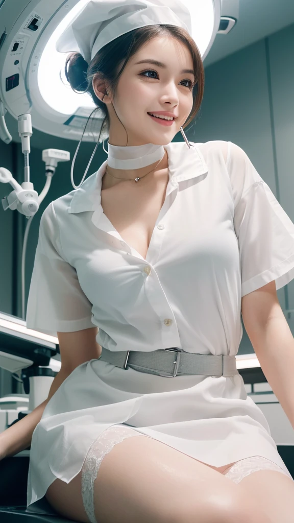 Top quality, Photo Real, High resolution, Detailed Background, (((Beautiful skin in every detail))), Detailed nose, (((Without makeup1.100))),(((Completely no makeup))),((Clear and beautiful skin with transparency1.100)),Soft lighting, (Solo Shot:1.9),(((Thick fabric round collar nurse uniform1.15))),(((She is wearing a white clothes which is completely buttoned1.20))),(tight clothing1.8),(((She is wearing a cute shape plain color nurse cap))),Neat clothes with little exposure,(((Very soft-looking thighs1.30))),((Super mini skirt)),(((Neck choker))),(((Sexy garter belt))),Little close-up shot, (((Shooting above the knee))),Nice hands, Perfect hands, Clear Eyes,Pale skin,1 beautiful woman, (Japanese girl1.55),(((Around 27 years old1.20))),(Permed hair1.8),(((Bun hair1.8))),(((Soft-looking chest1.10))),(((A very large and well-shaped chesthidden under clothes1.80))),(((Cute lips1.20))),(((Great style1.55))), (Open-mouthed and smiling very happily1.10),(She is laughing heartily with her mouth wide open, and she looks so cute1.20),Beautiful eyes,Looking up with eyes,Staring at me,staring directly,smile towards,(She is looking straight at me from the front1.15),((Accurate structure of the limbs1.20)),(((Performing surgery as an assistant in the operating room))),