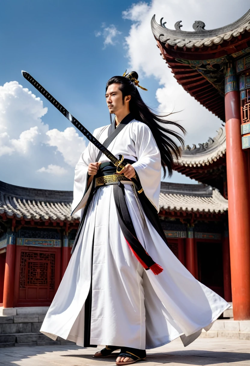Ultra HD,masterpiece,The award-winning,best quality,high resolution,8K,High Detail,(A man:1.6),Perfect face,Black long hair,Ancient Chinese Hair Accessories,Blonde accessories,(Facing the camera:1.4),(Holding a sword:1.5),Hand-held scabbard,Chinese robe,Martial Arts,Outlaw Star,Bugu,Jump up,There is a dragon in the back,Chinese dragon,Patron Saint,背景是Mountain脉和树木,Mountain,pavilion,pine,Bright sky,White Cloud,Cloudy sky,dragon,,Ancient oriental architecture,old Chinese building,