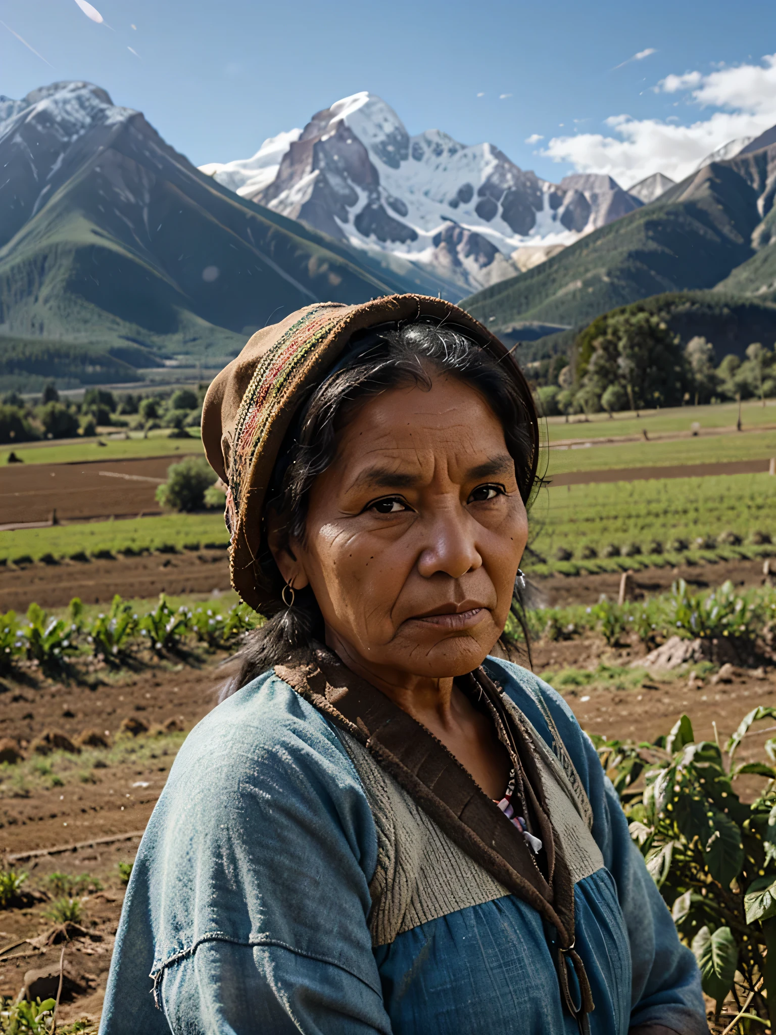 indigenous old woman with mountains and crops in the background