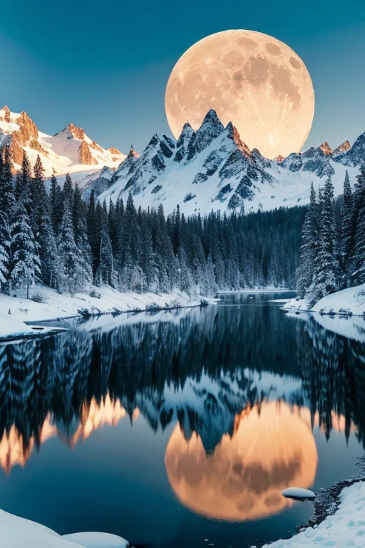 ((best qualityer)), ((work of art)), (detailded), 1 create a landscape of beautiful snowy mountains with a big moon (huge ass) with a pond (shiny)