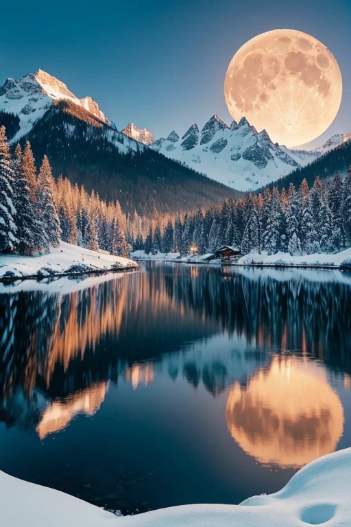 ((best qualityer)), ((work of art)), (detailded), 1 create a landscape of beautiful snowy mountains with a big moon (huge ass) with a pond (shiny)