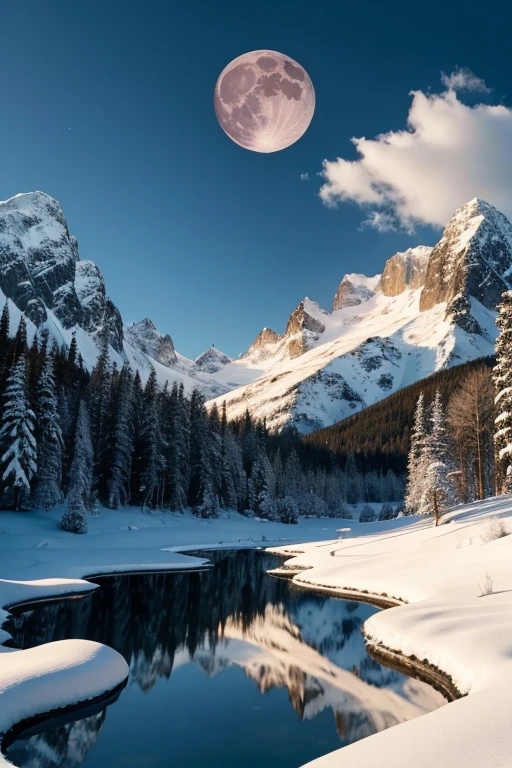 ((best qualityer)), ((work of art)), (detailded), 1 create a landscape of beautiful snowy mountains with a big moon (huge ass) with a pond (shiny)