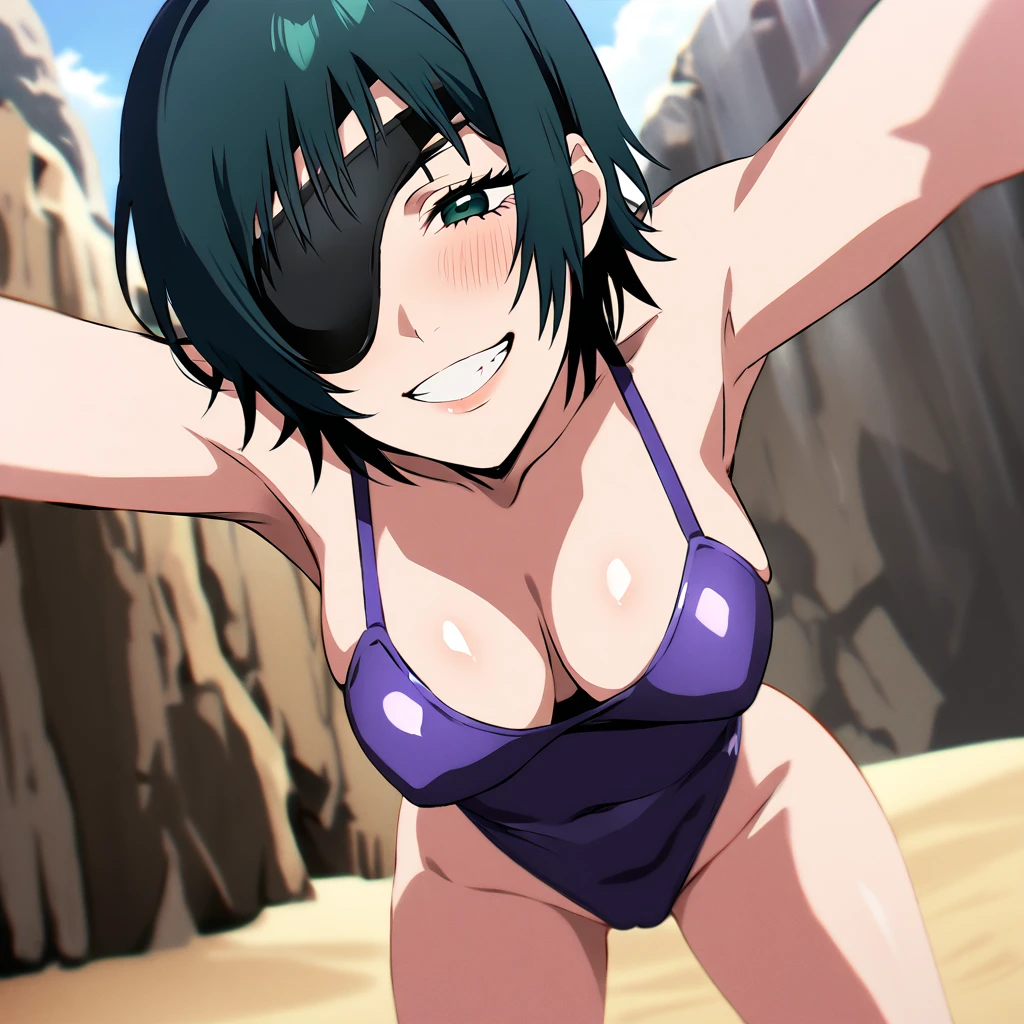 mature female, mature, Adult, himeno, himeno(Chainsaw Man), 1girl, black hair, short hair, eyepatch, Himeno(Chainsaw Man), solo, seductive smile, grin, nsfw, Villains, Bending forward, Spread arms, Raise arms, A small pink smooth octopus sticks to the top of himeno's head, chest, View your audience, Beach, Cave, Waterfall, Dark, latex purple leotard, dramatic angle, unique perspective, unique angle, masterpiece, Top animation quality，Top image quality,