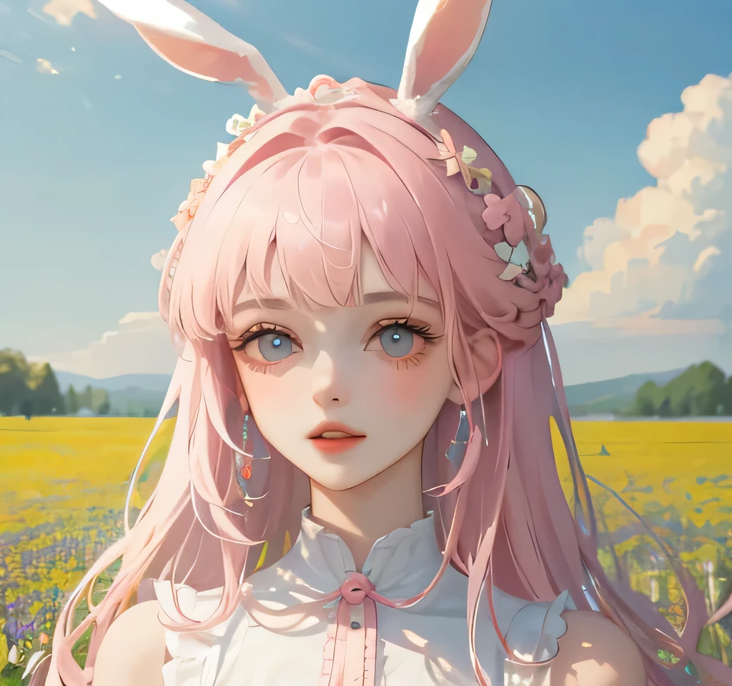 (high quality) (best quality) (a woman) (correct physiognomy) Woman, pink hair with bangs on her forehead, Bunny ears on her head, blue eyes, tender lips, middle age, a cute white dress style lolita, lighting of the photo: sunlight, It is in the middle of a field of flowers