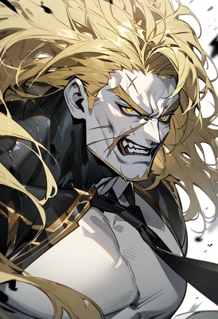 ''strong man (not exaggeratedly), blond with blue parts in his hair, white skin, yellow eyes, scar on his cheek, white suit, black underwear and black tie''