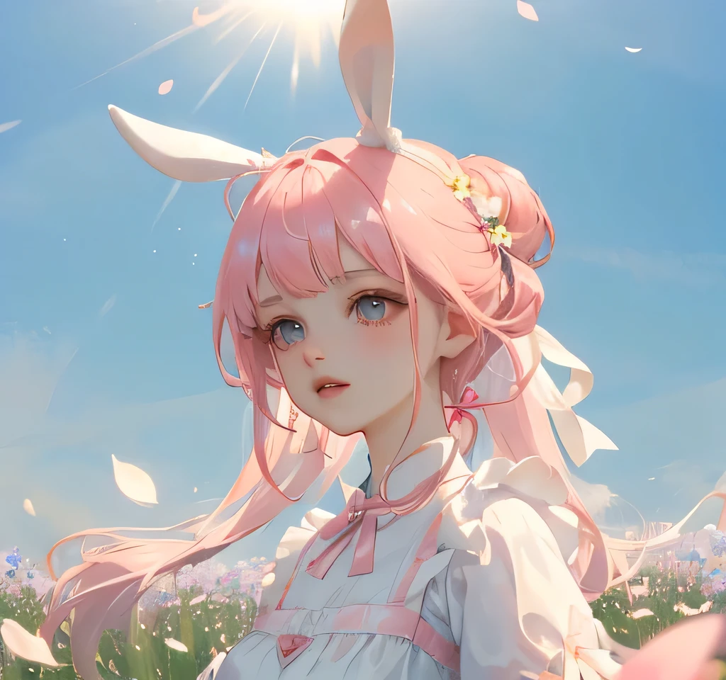 (high quality) (best quality) (a woman) (correct physiognomy) Woman, pink hair with bangs on her forehead, Bunny ears on her head, blue eyes, tender lips, middle age, a cute white dress style lolita, lighting of the photo: sunlight, It is in the middle of a field of flowers