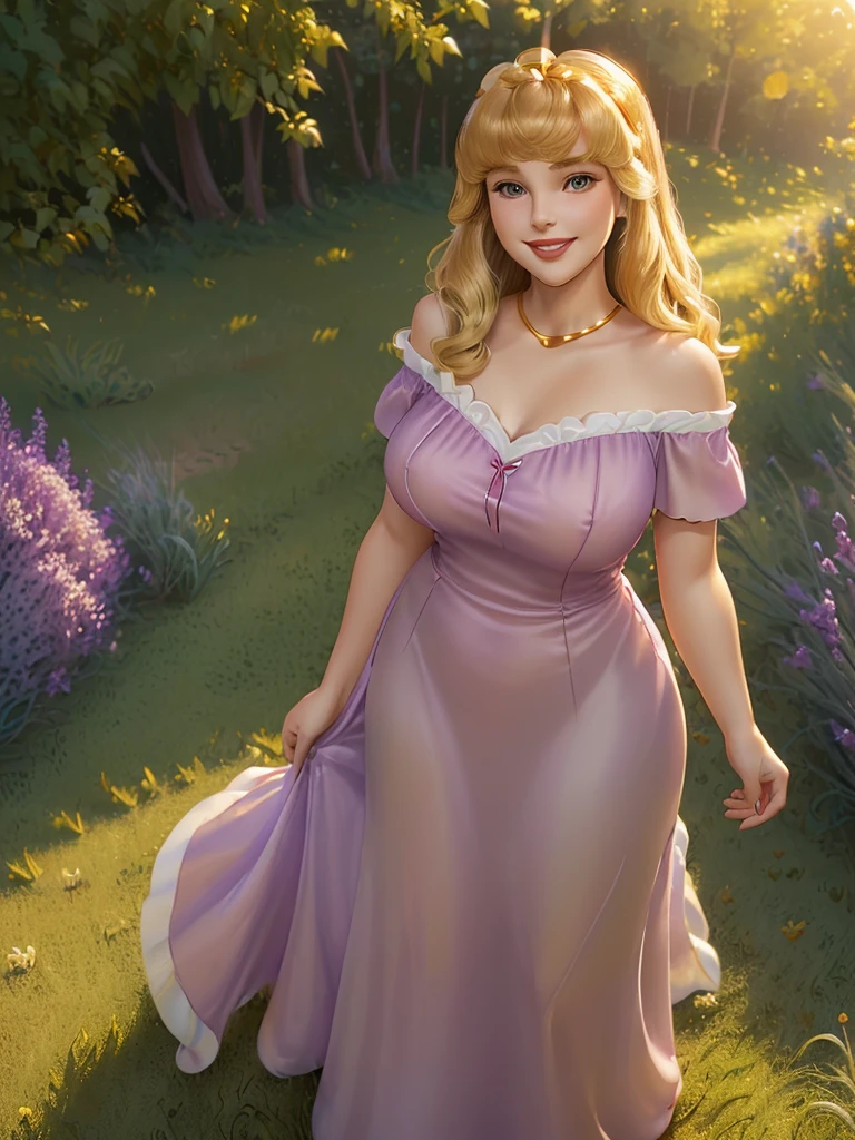 (((1 girl))) DisneyAurora, 27 years old, full body view Beautiful woman (((shoulder length wavy golden blonde hair, two side up with bangs))) defined body, voluptuous, sexy, Red lipstick, hands free, (((mouth slightly open, smiling))) (((standing facing camera))) ((( short sleeve, lavender nightgown ))), in a sunlit grassy field (large_breasts:1.2) (curvy:1.1)(chubby:0.9)