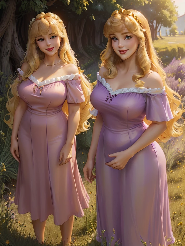 (((1 girl))) DisneyAurora, 27 years old, full body view Beautiful woman (((shoulder length wavy golden blonde hair, two side up with bangs))) defined body, voluptuous, sexy, Red lipstick, hands free, (((mouth slightly open, smiling))) (((standing facing camera))) ((( short sleeve, lavender nightgown ))), in a sunlit grassy field (large_breasts:1.2) (curvy:1.1)(chubby:0.9)