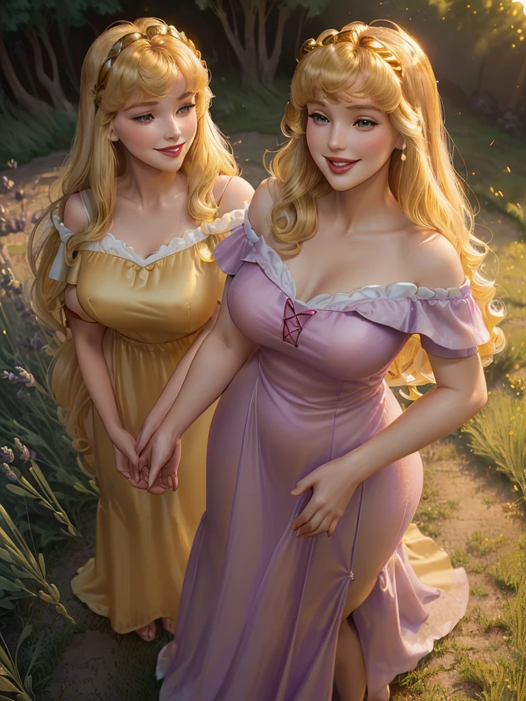 (((1 girl))) DisneyAurora, 27 years old, full body view Beautiful woman (((shoulder length wavy golden blonde hair, two side up with bangs))) defined body, voluptuous, sexy, Red lipstick, hands free, (((mouth slightly open, smiling))) (((standing facing camera))) ((( short sleeve, lavender nightgown ))), in a sunlit grassy field (large_breasts:1.2) (curvy:1.1)(chubby:0.9)